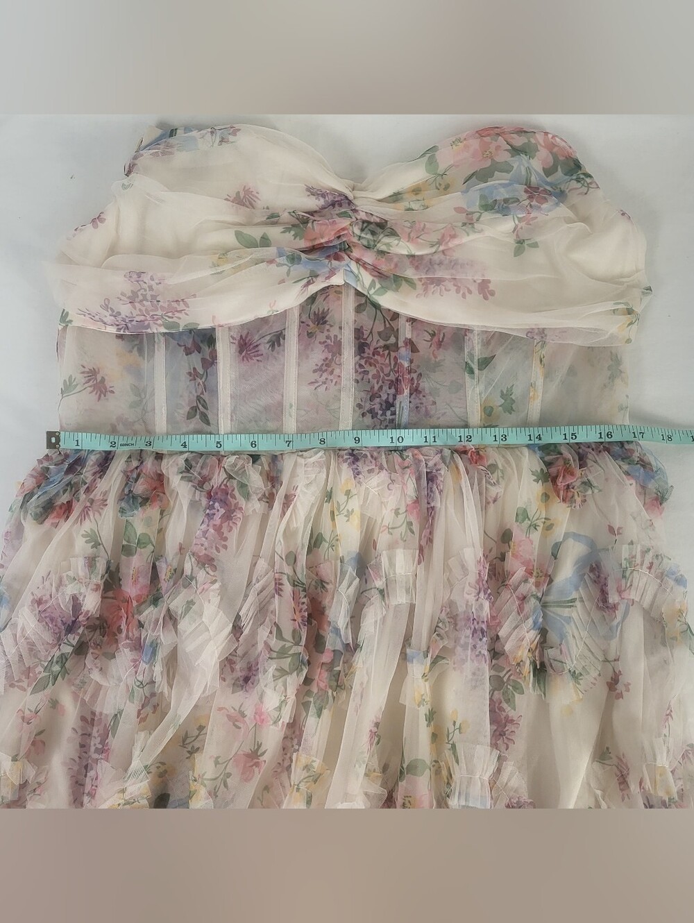 Faeriesty Ruched Bustier Ruffle Trim Hem Floral Print Tube Maxi Dress Size 1XL - Picture 14 of 16